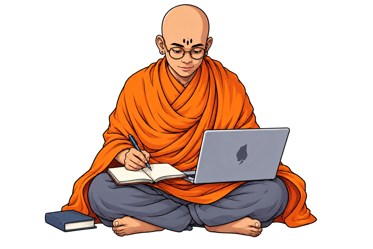Monk researcher writing beside a laptop